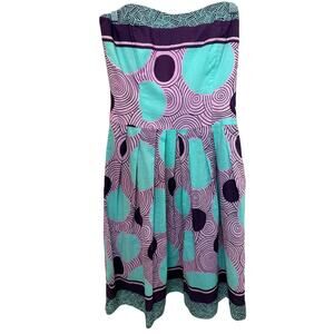 Nicole Miller Studio Strapless Cotton Dress Size 0 Purple Aqua Abstract Y2K